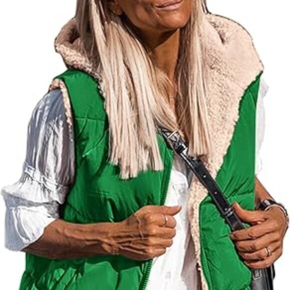 Women's Green Reversible Long Fleece Zip Up Hoodie Vest Sz Medium - Picture 1 of 11